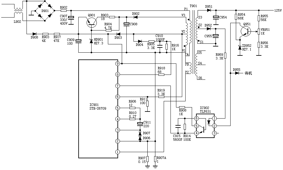 电源电路图－日立A3P-B2为龙影系列彩电，电源采用STR6709厚膜电路 第1张