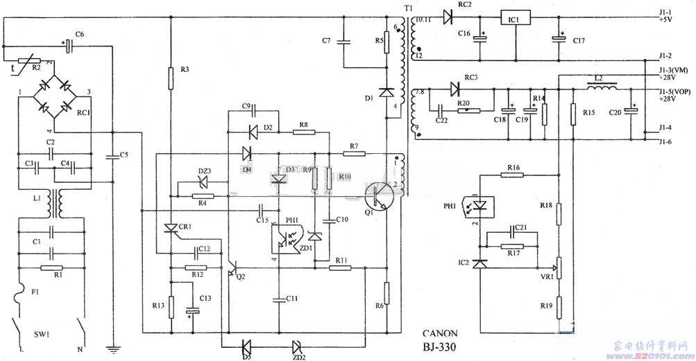 佳能BJ-330打印机电源板工作原理与检修思路