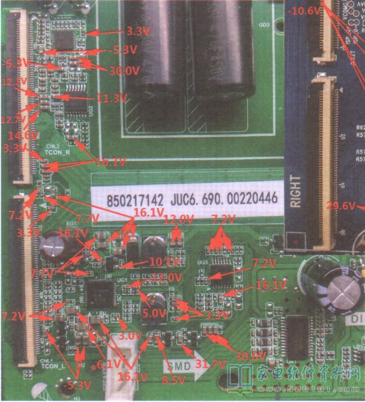 长虹JUC6.690.00220446主板（XB6A-DT-11机芯）逻辑电路关键点电压 第1张