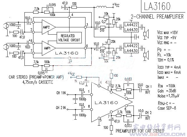 LA3160单电源前置放大器电路图- 家电维修资料网